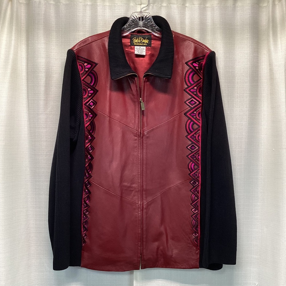 Vintage Bob Mackie Wearable Art Red Leather Black Knit Embroidered Jacket XL